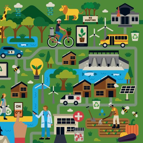 Colorful illustration of renewable energy, wildlife, and sustainable living