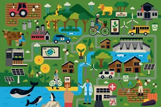 Colorful illustration of renewable energy, wildlife, and sustainable living