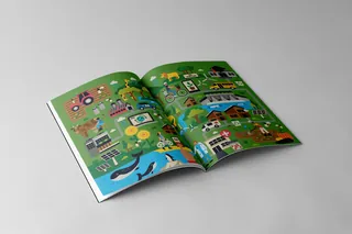 Open book with colorful farm illustrations including animals and tractors.