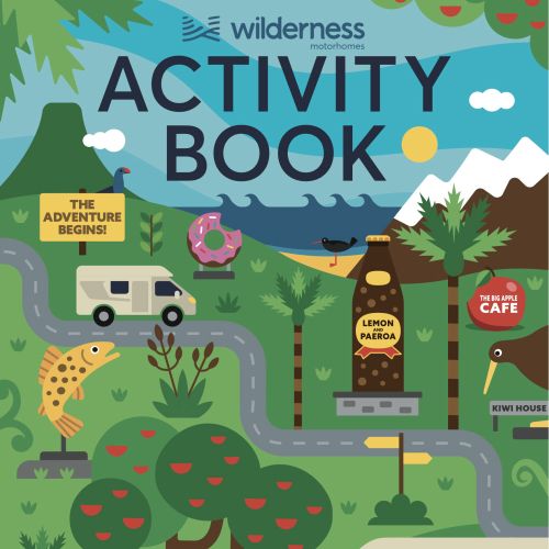 Wilderness activity book cover with animals, campervans, and trees illustration