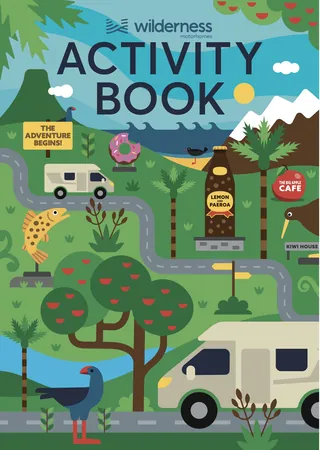 Wilderness activity book cover with animals, campervans, and trees illustration