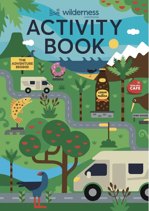 Wilderness activity book cover with animals, campervans, and trees illustration
