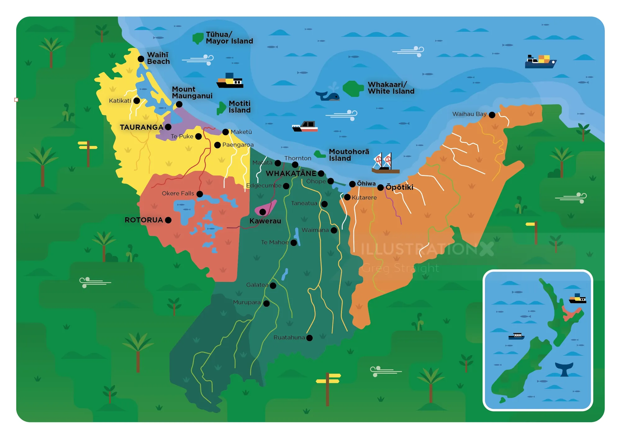 Illustrated map of North Island, New Zealand showing landmarks and regions