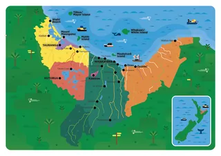 Illustrated map of North Island, New Zealand showing landmarks and regions