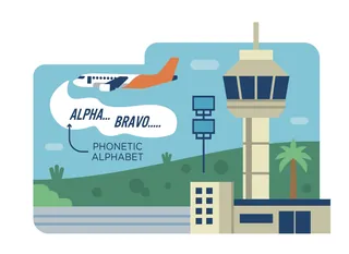 Airplane near control tower with phonetic alphabet phrase Alpha Bravo