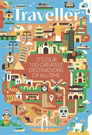 Illustrated world map featuring famous global travel destinations