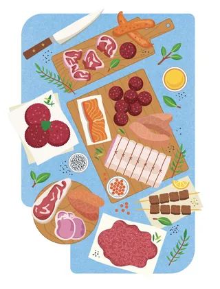 Various cuts of meat, salmon, sausages, and herbs arranged on boards