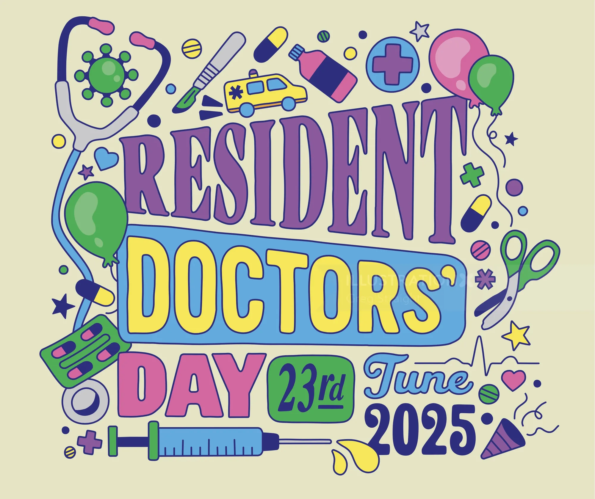 Resident Doctors' Day June 23, 2025 celebration illustration with medical tools