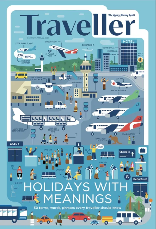 Colorful illustration of an airport with planes, passengers, and terminals