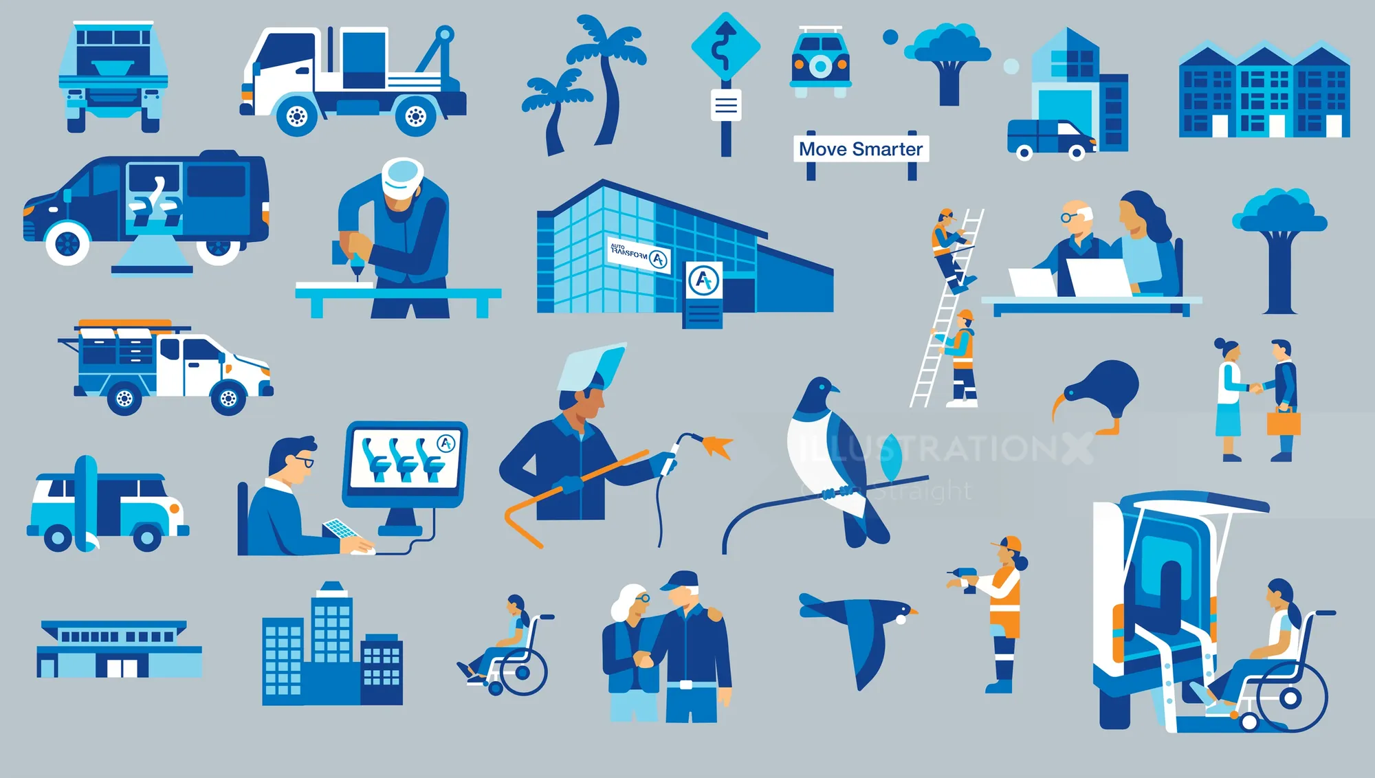 Various moving trucks, workers, and moving equipment in a business relocation illustration