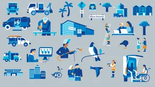 Various moving trucks, workers, and moving equipment in a business relocation illustration