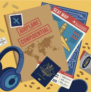 Confidential airplane file, passport, headphones, and travel items