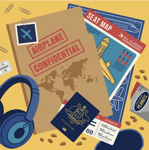 Confidential airplane file, passport, headphones, and travel items