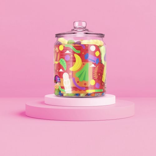 Glass jar filled with colorful abstract shapes on pink platform