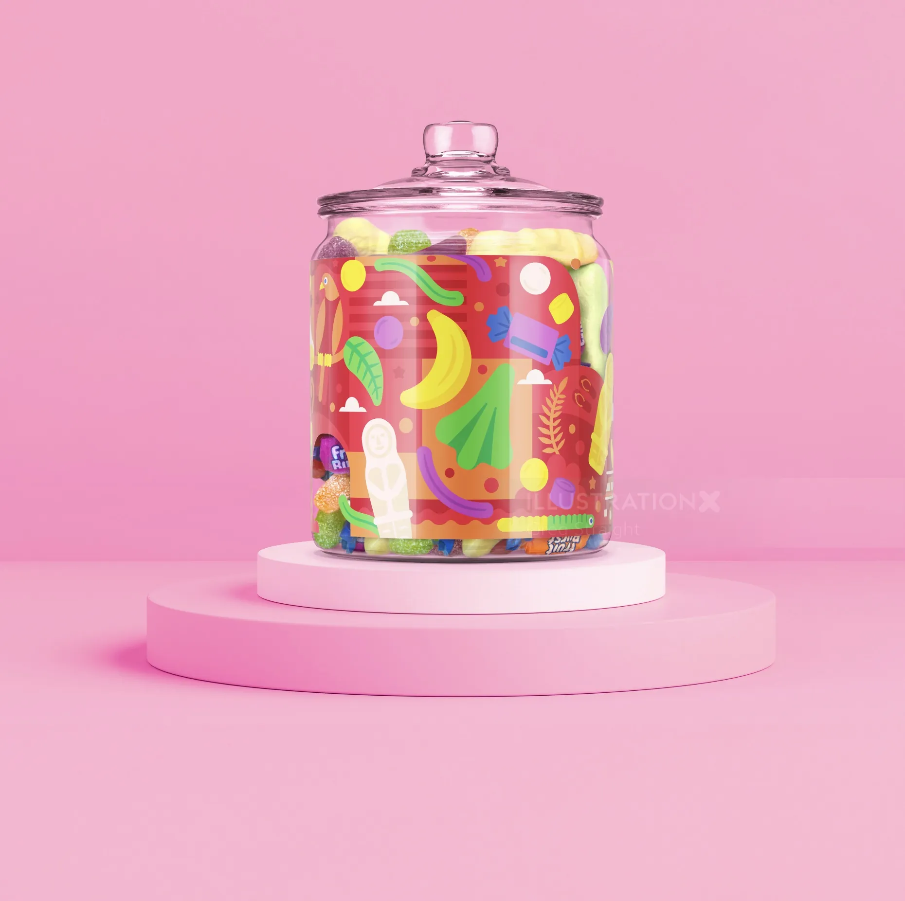 Glass jar filled with colorful abstract shapes on pink platform