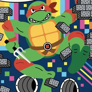 Cartoon ninja turtle character jumping among bricks and pipes in city