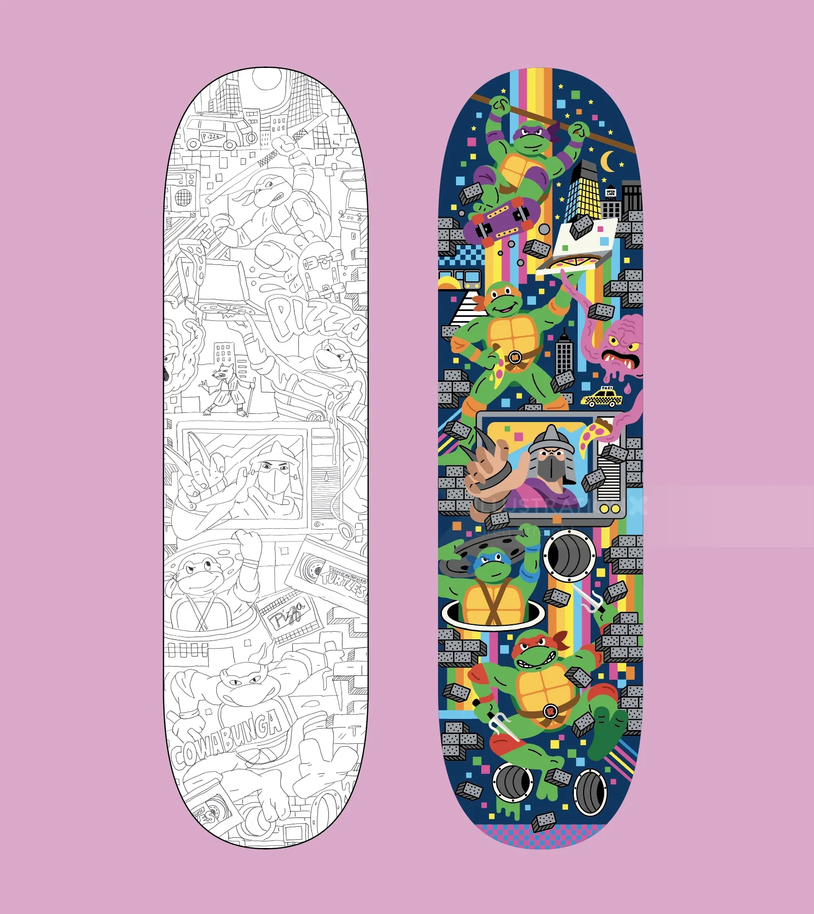 Two skateboard decks, one black and white line art, one colorful with cats in space suits.