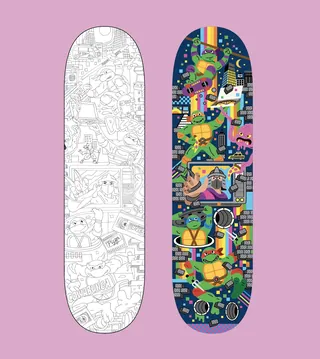 Two skateboard decks, one black and white line art, one colorful with cats in space suits.