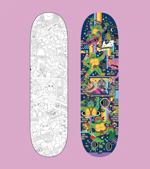 Two skateboard decks, one black and white line art, one colorful with cats in space suits.
