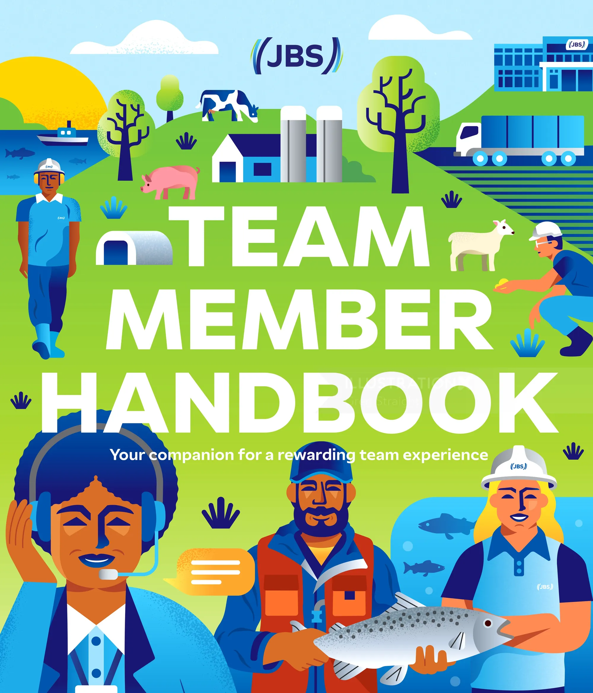 Colorful team member handbook cover with workers and farm animals, by Greg Straight