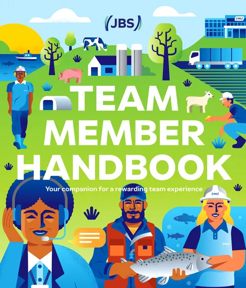 Colorful team member handbook cover with workers and farm animals, by Greg Straight