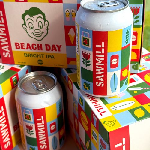 Bright IPA beer cans and boxes with colorful summer-themed illustrations by Greg Straight