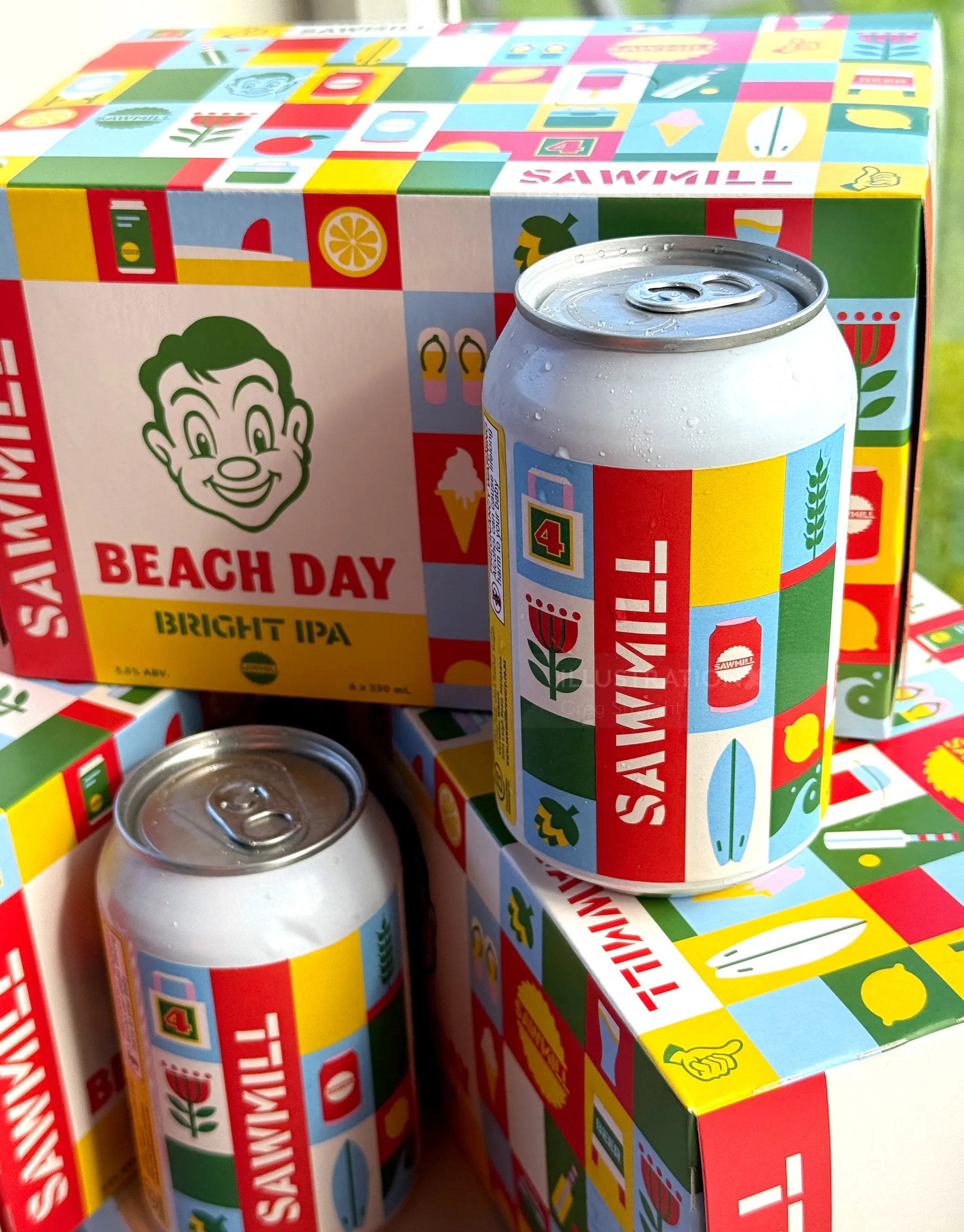 Bright IPA beer cans and boxes with colorful summer-themed illustrations by Greg Straight