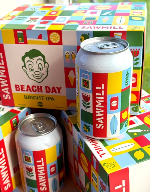 Bright IPA beer cans and boxes with colorful summer-themed illustrations by Greg Straight