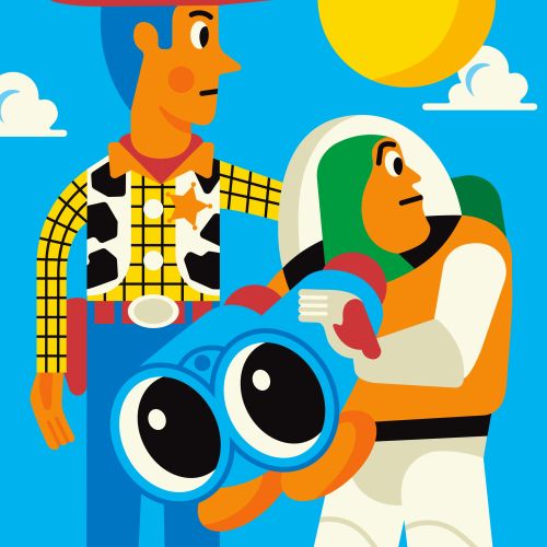 Cartoon-Cowboy und Astronaut mit Fernglas von Greg Straight