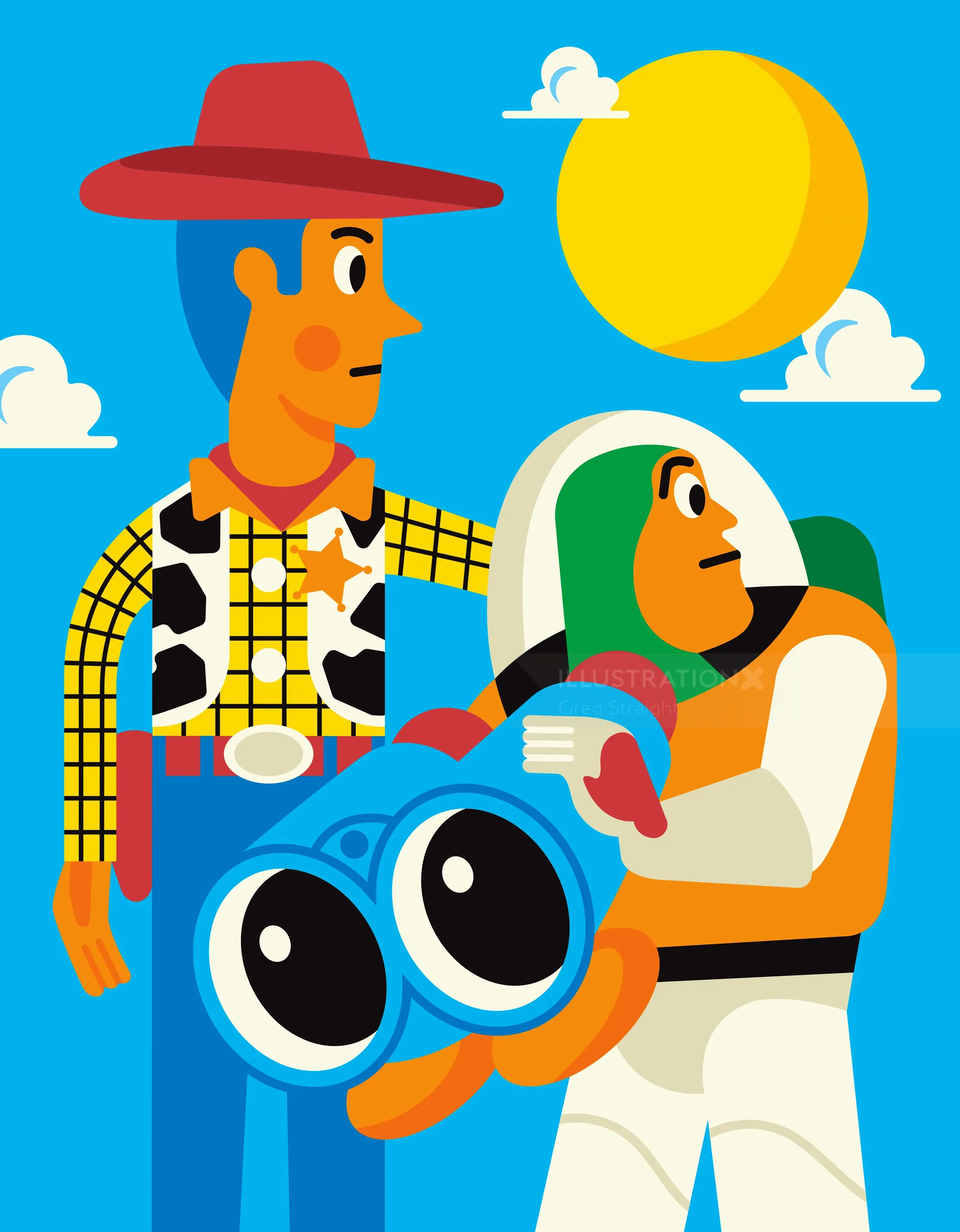 Cartoon cowboy and astronaut with binoculars by Greg Straight
