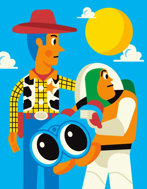 Cartoon cowboy and astronaut with binoculars by Greg Straight