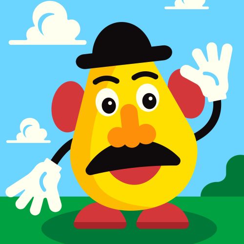 Comicfigur mit gelbem Gesicht, schwarzem Schnurrbart, Melone und weißen Handschuhen von Greg Straight