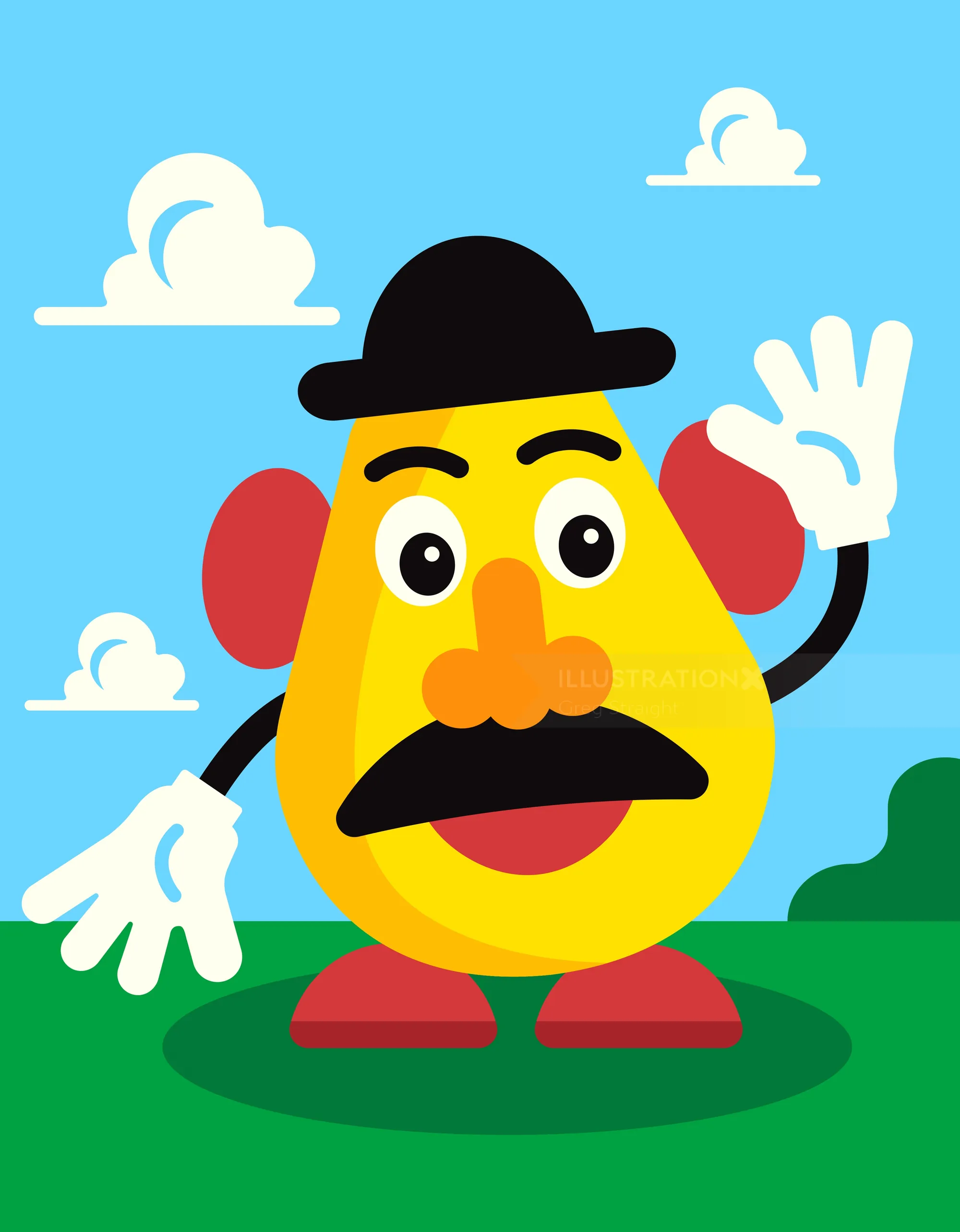 Cartoon character with yellow face, black mustache, bowler hat, and white gloves by Greg Straight