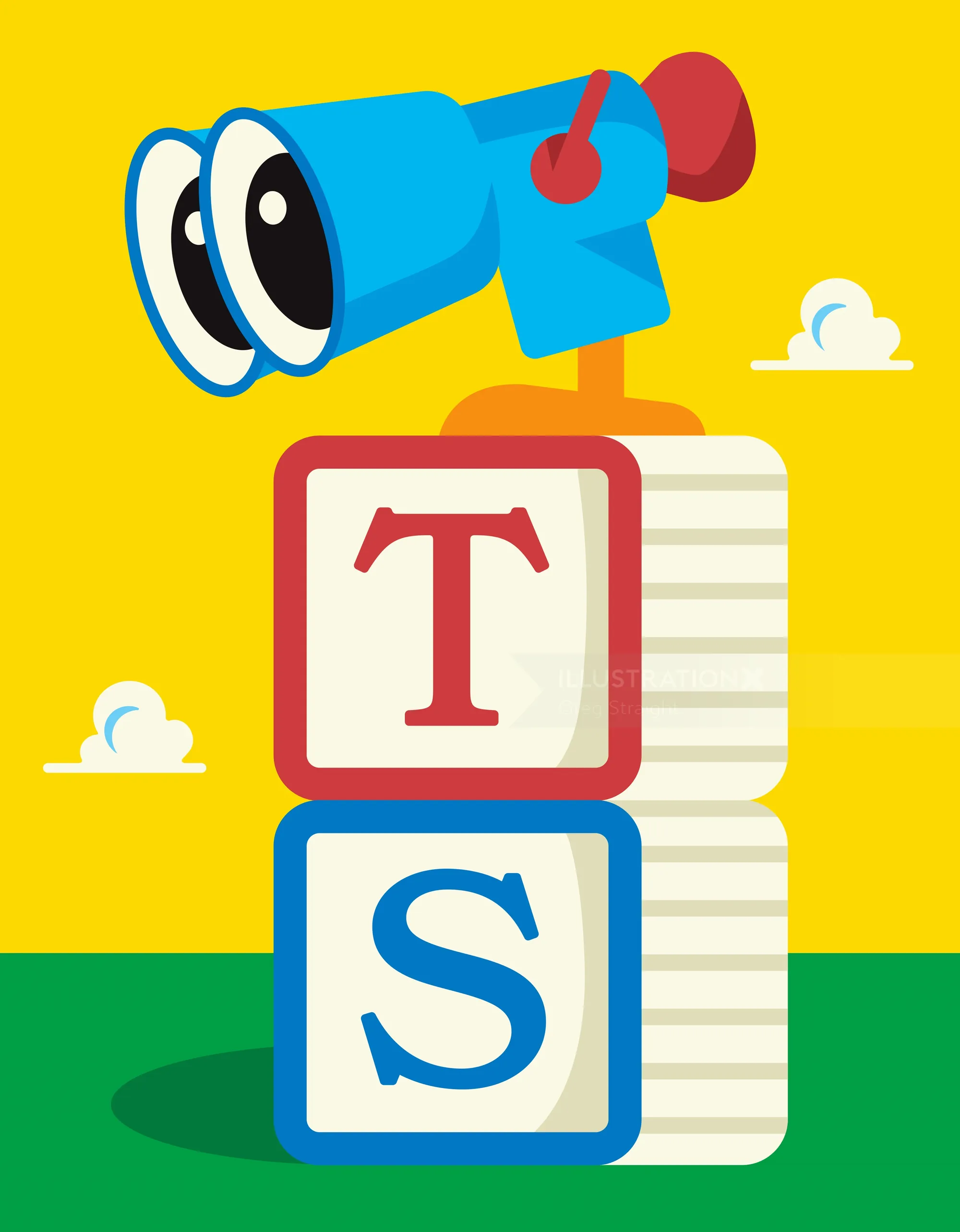 Illustration of a blue telescope on alphabet blocks T and S by Greg Straight