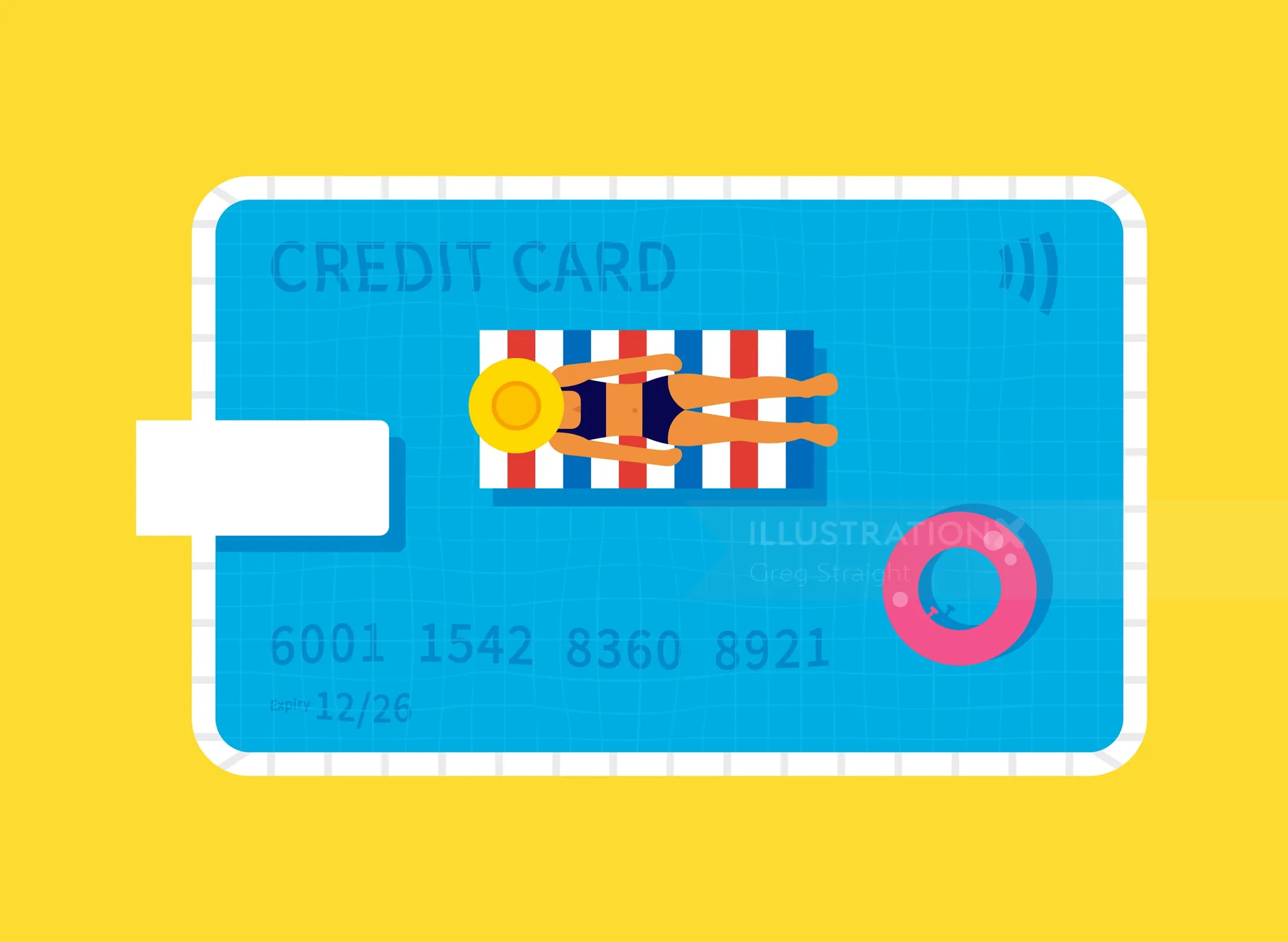 Person relaxing on credit card float illustration by Greg Straight