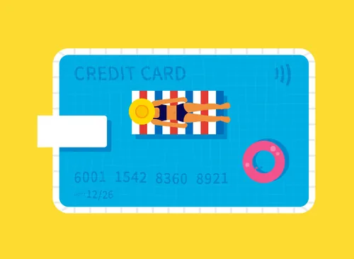 Person relaxing on credit card float illustration by Greg Straight