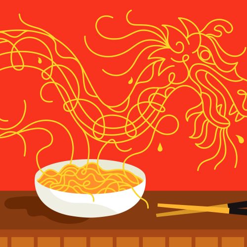 Bowl of noodles with dragon-shaped strands above, illustration by Greg Straight