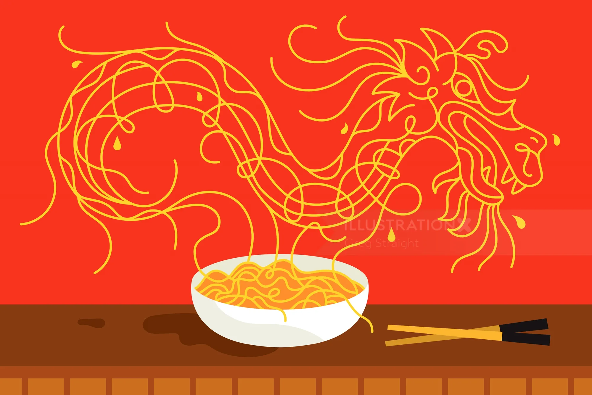 Bowl of noodles with dragon-shaped strands above, illustration by Greg Straight