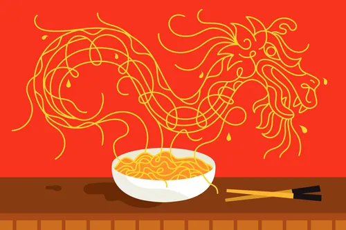 Bowl of noodles with dragon-shaped strands above, illustration by Greg Straight
