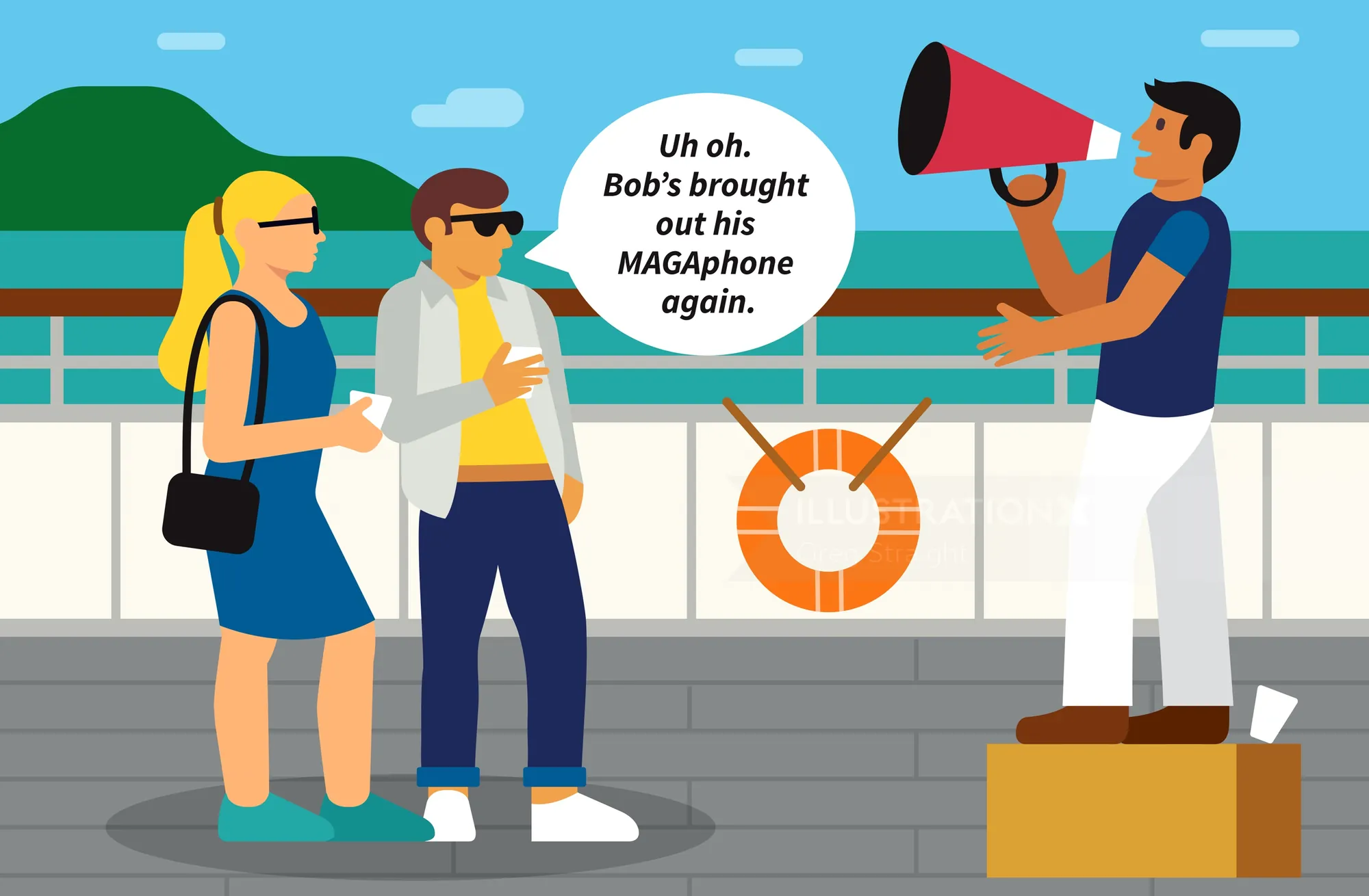 Man uses megaphone to talk to people on pier by water by Greg Straight