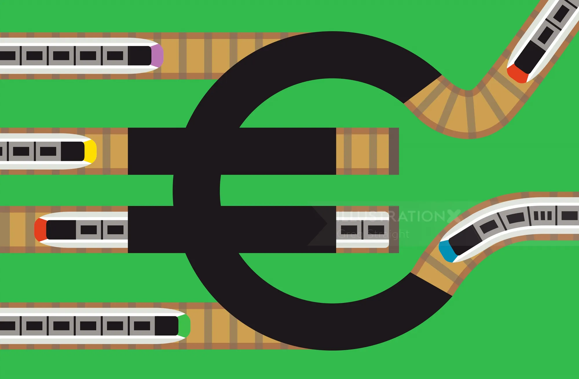 Trains on railway tracks shaped like a euro symbol by Greg Straight