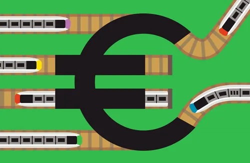 Trains on railway tracks shaped like a euro symbol by Greg Straight