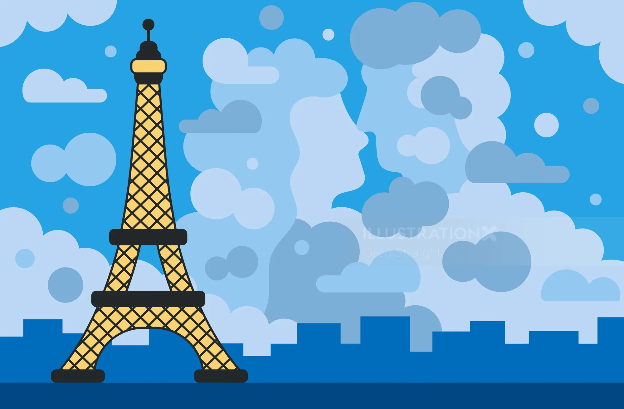 Eiffel Tower illustration with cloud faces by Greg Straight