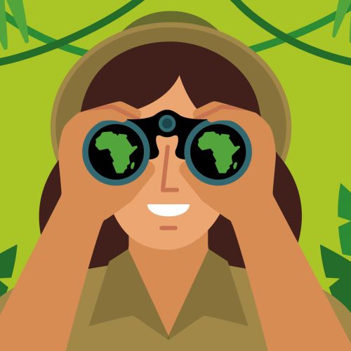 Explorer looking through binoculars in jungle by Greg Straight