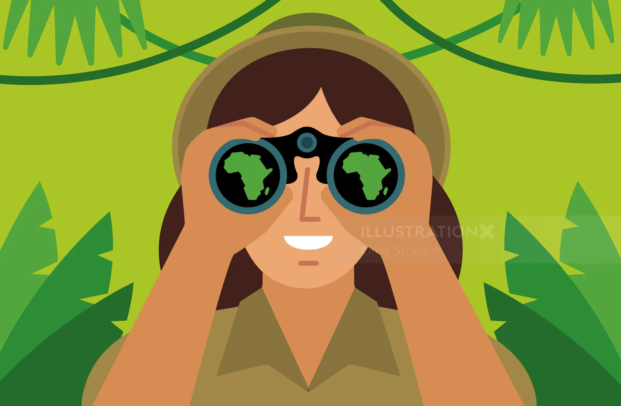 Explorer looking through binoculars in jungle by Greg Straight