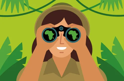 Explorer looking through binoculars in jungle by Greg Straight