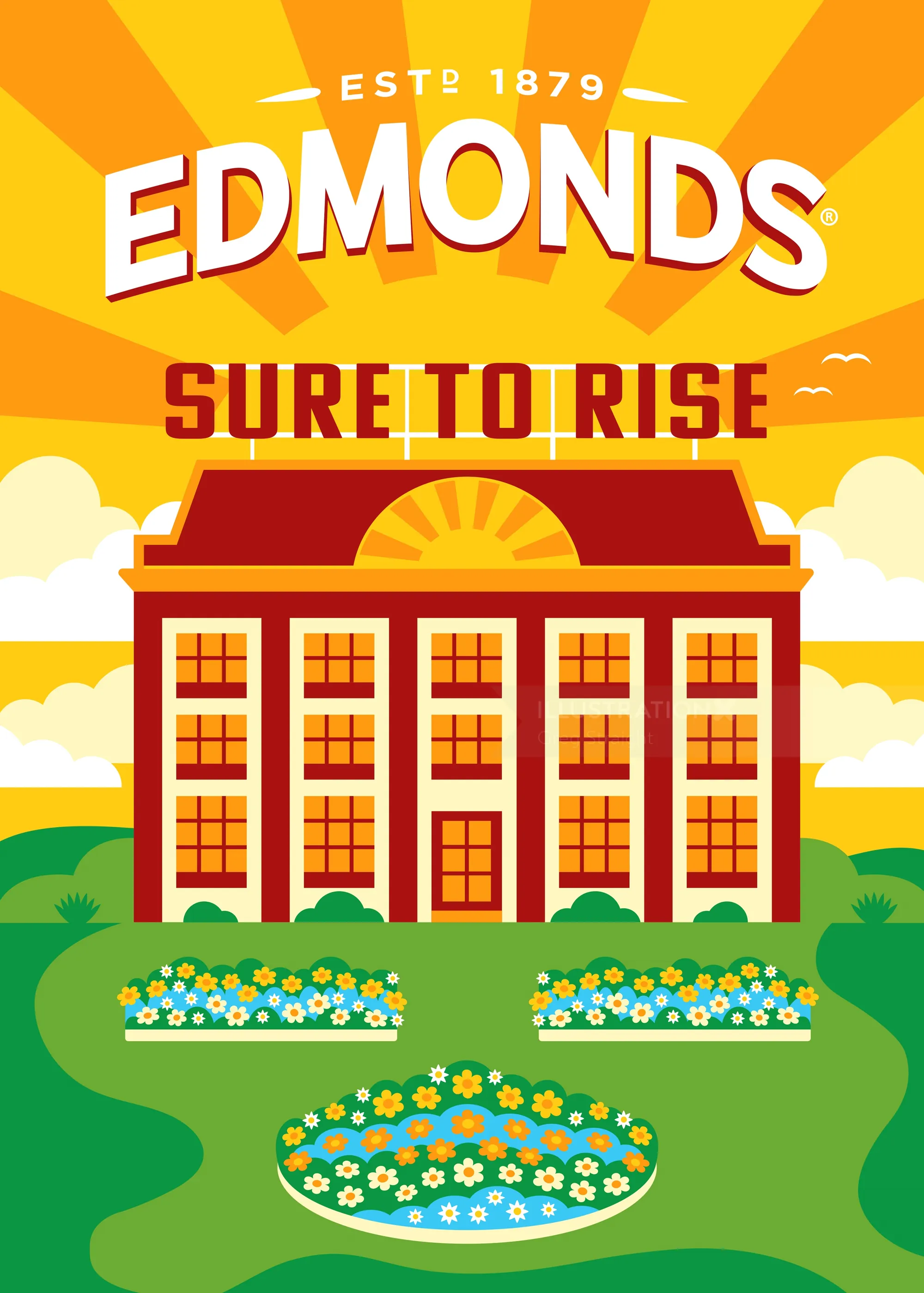 Illustration of Edmonds building with sunrise rays and flowers by Greg Straight
