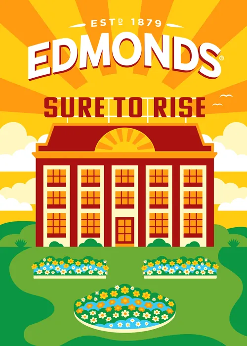 Illustration of Edmonds building with sunrise rays and flowers by Greg Straight