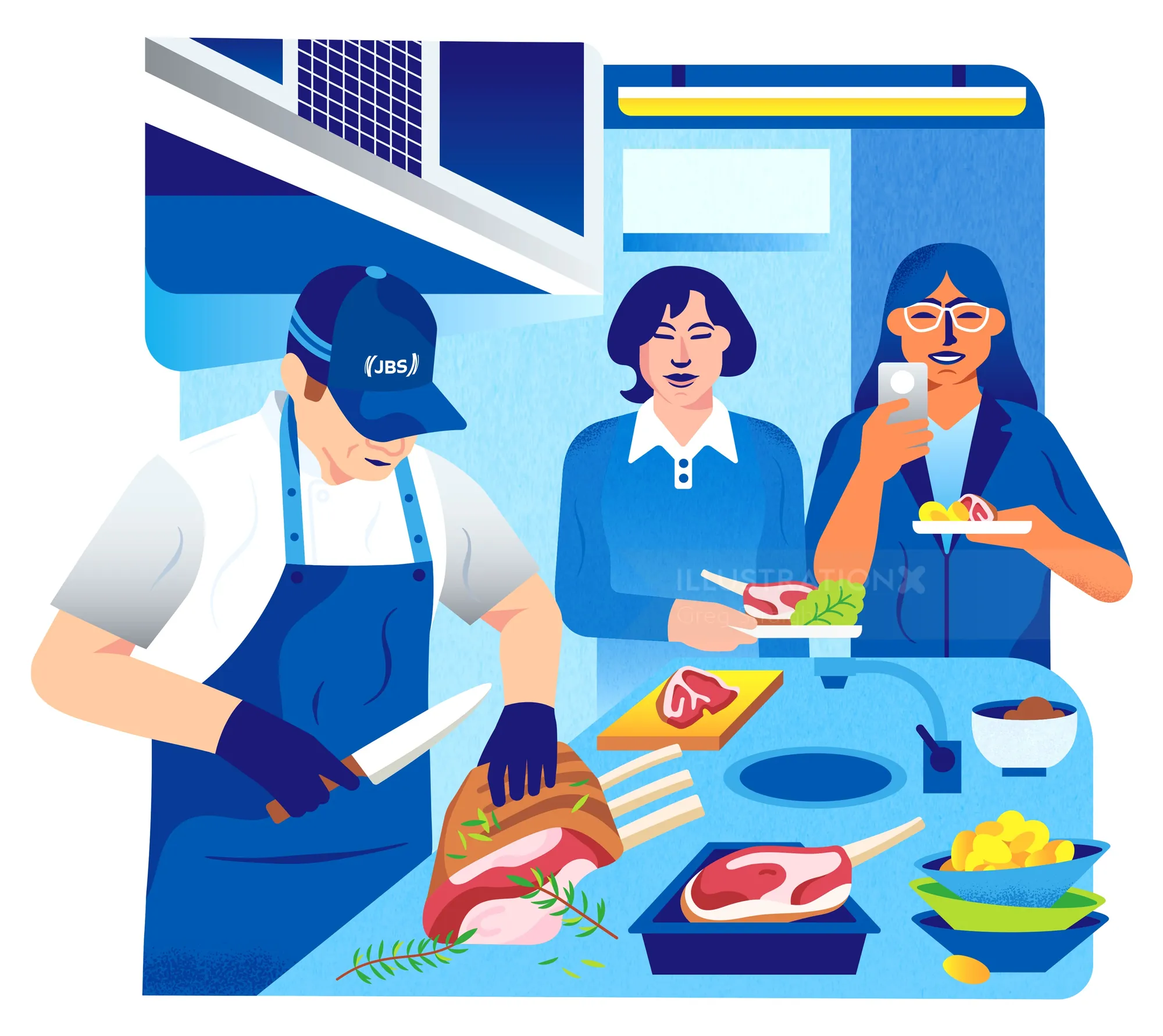Chef slicing meat as two women eat and watch in kitchen by Greg Straight