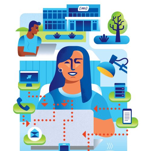 Remote support woman interacting with multiple digital devices and communication tools by Greg Strai
